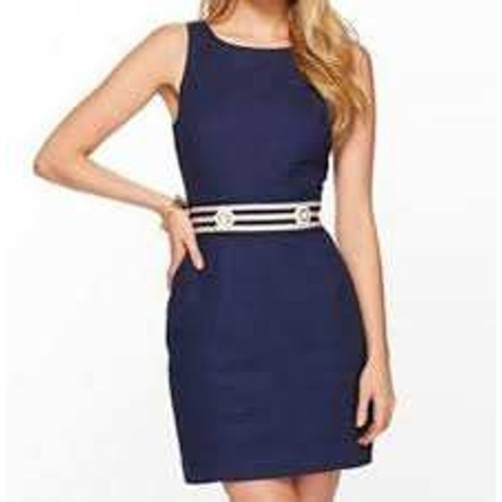 Lilly Pulitzer Navy Blue Seersucker Shift Dress Nautical‎ Gold Stripe Waist Sz 2